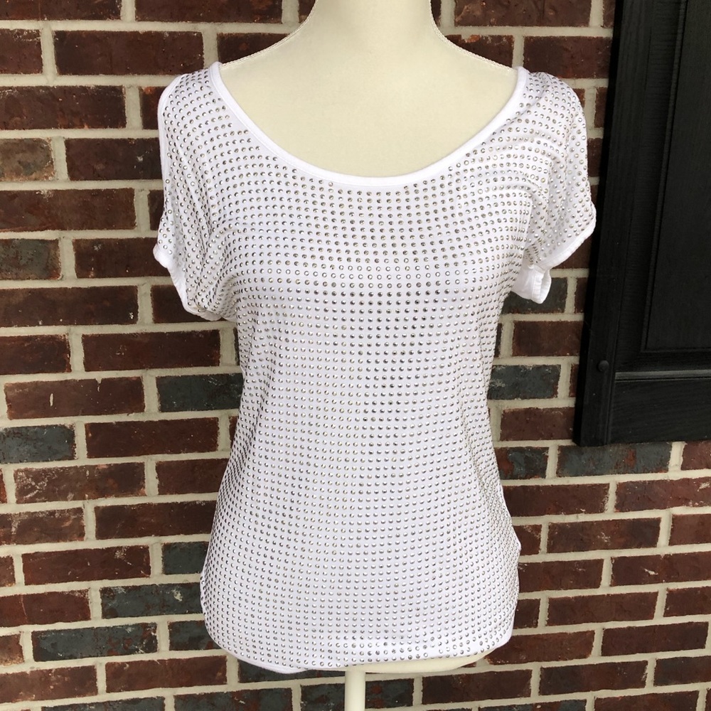 INC white open shoulder studded top